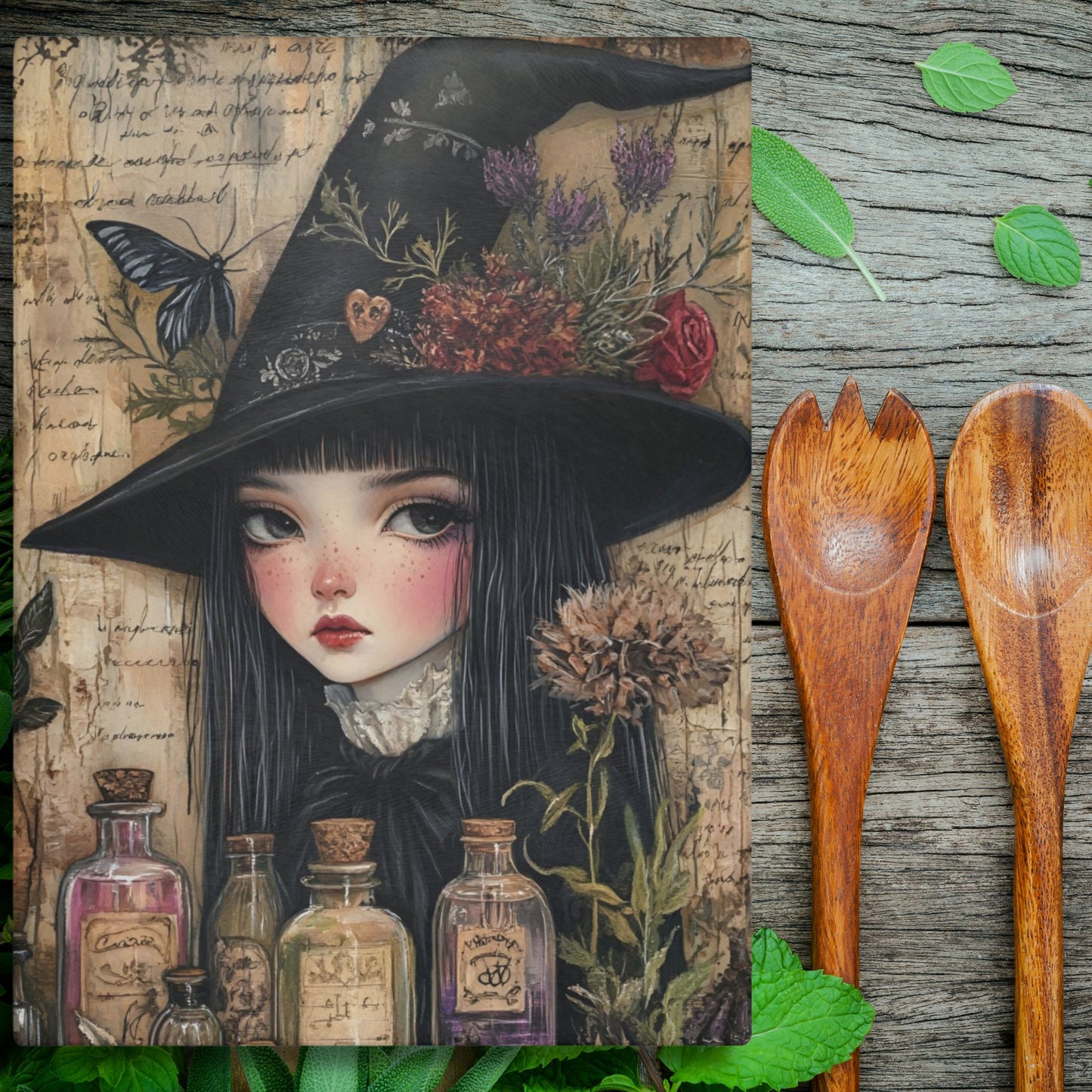 Witchy Glass Cutting Board – Gothic Kitchen Decor with Apothecary Bottles