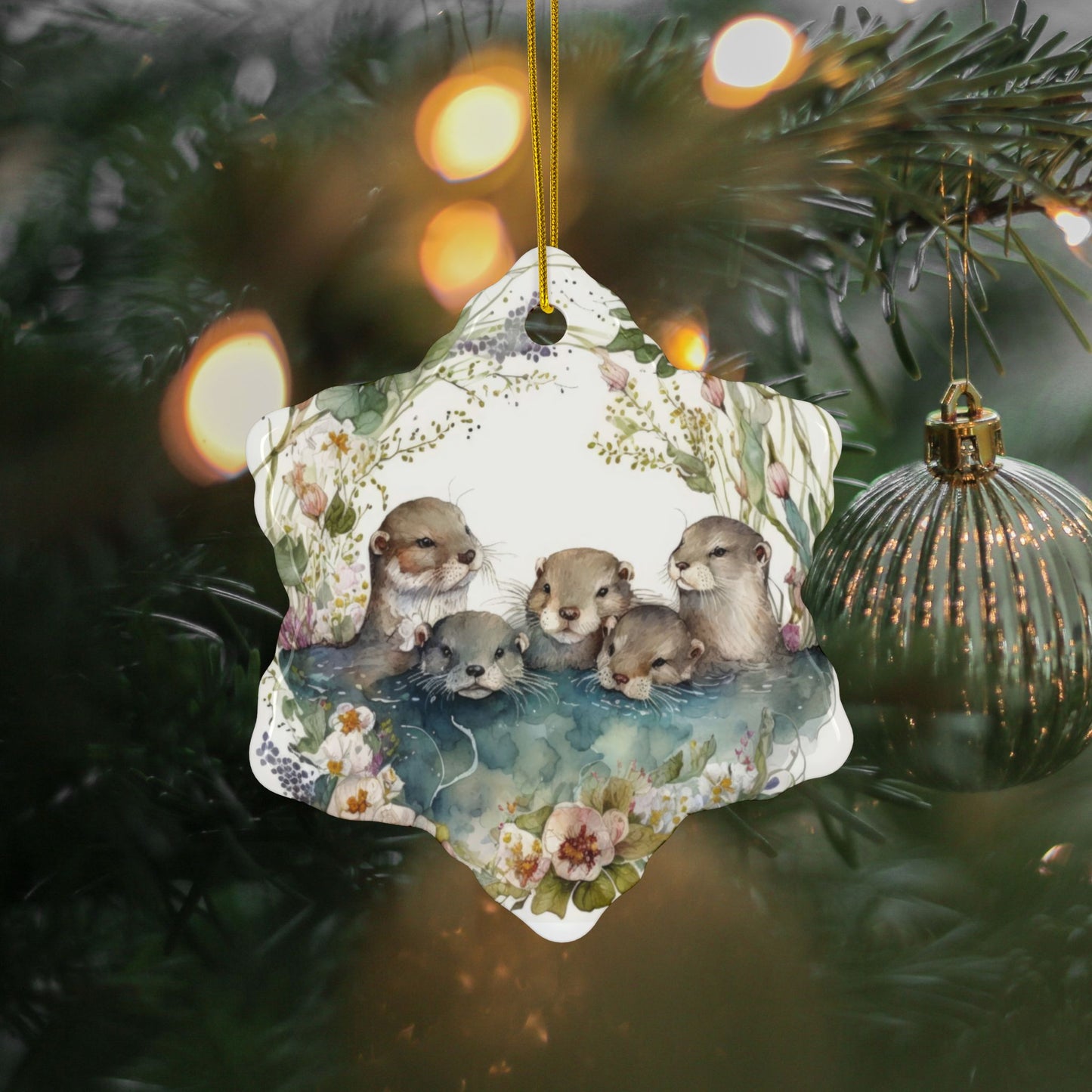 Otter Family Ceramic Ornament – Whimsical Woodland Holiday Decor