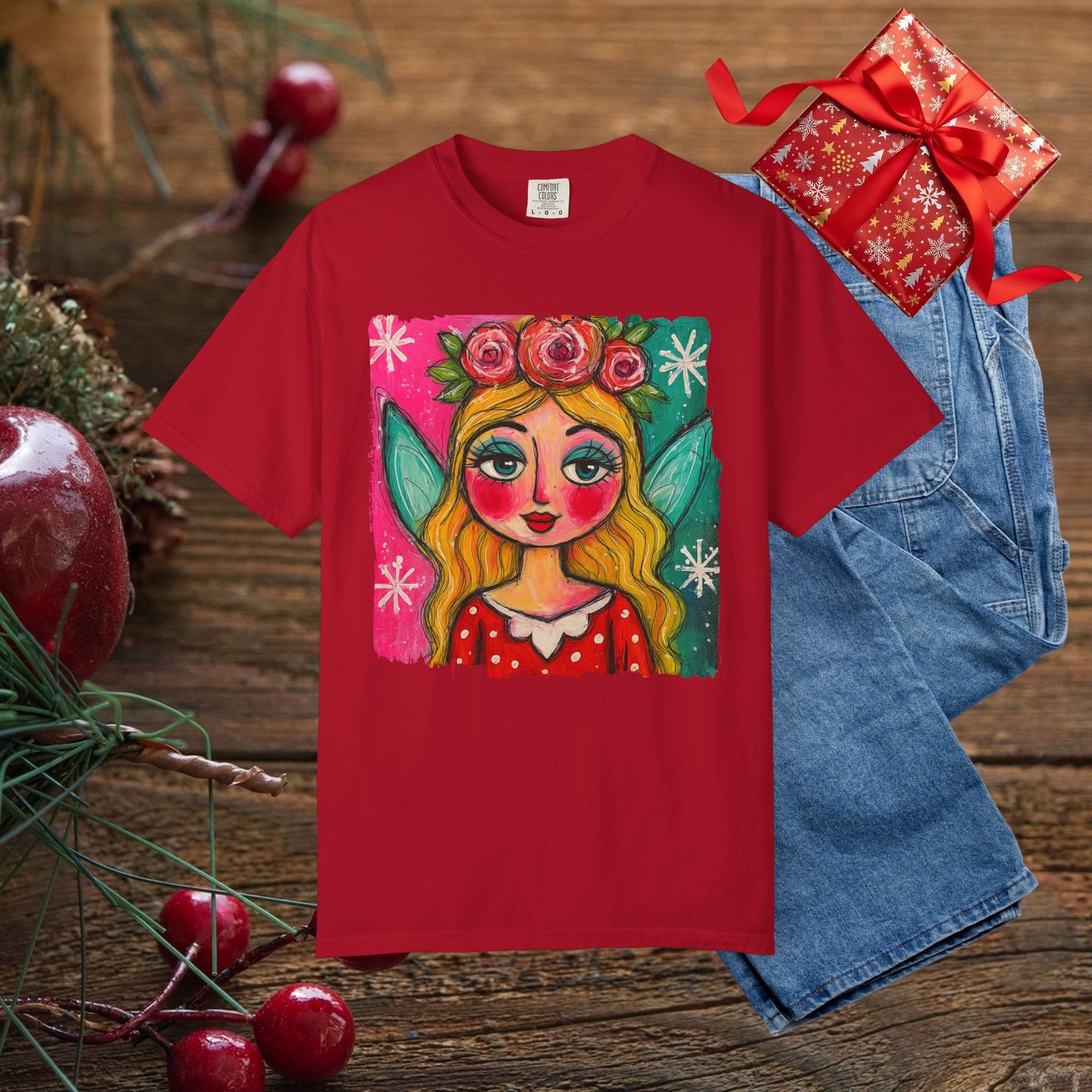 Whimsical Floral Crown Girl T-Shirt — Colorful Folk Art Portrait Tee