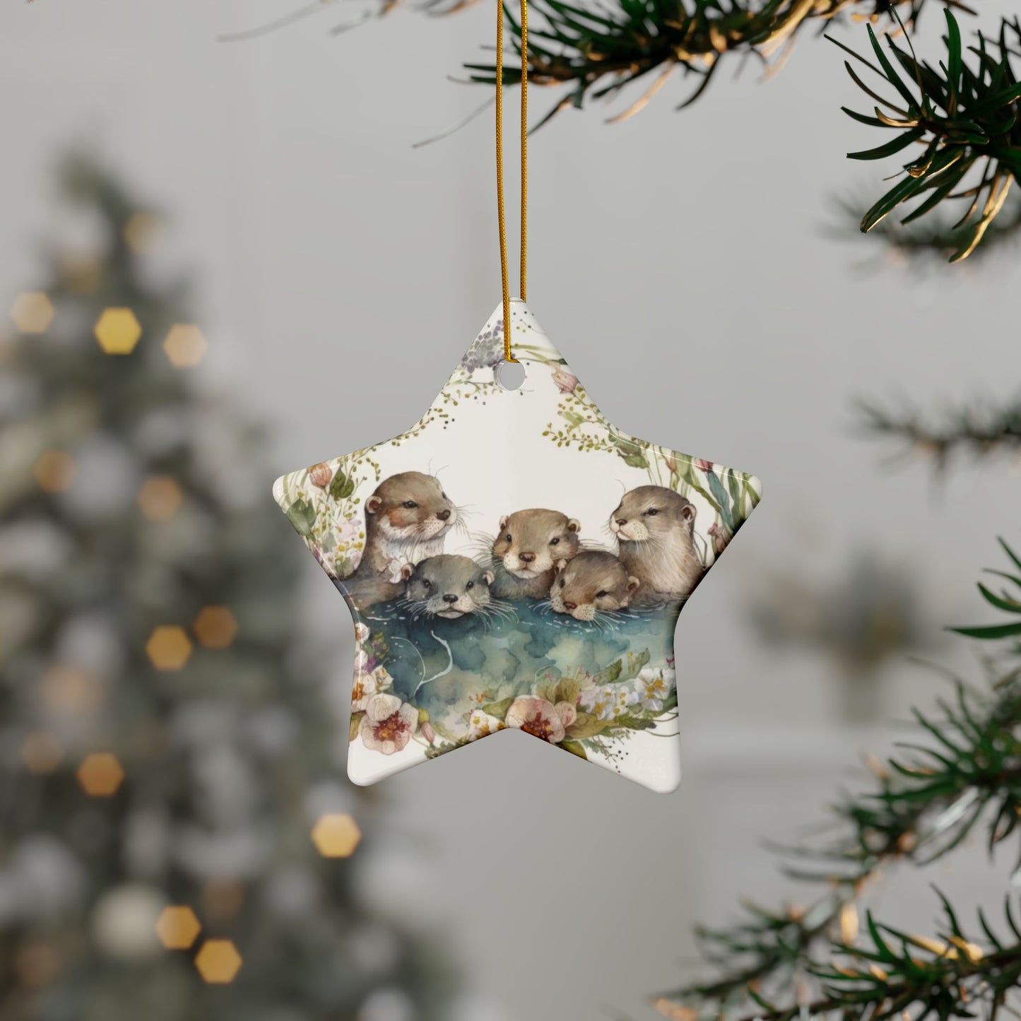 Otter Family Ceramic Ornament – Whimsical Woodland Holiday Decor