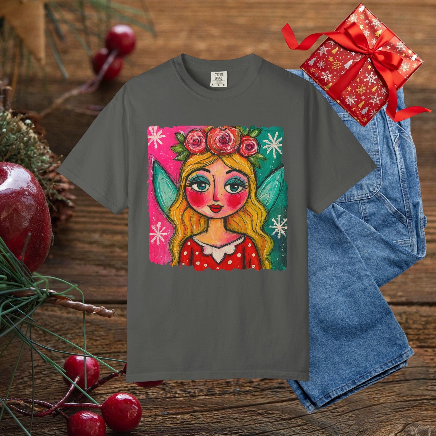 Whimsical Floral Crown Girl T-Shirt — Colorful Folk Art Portrait Tee