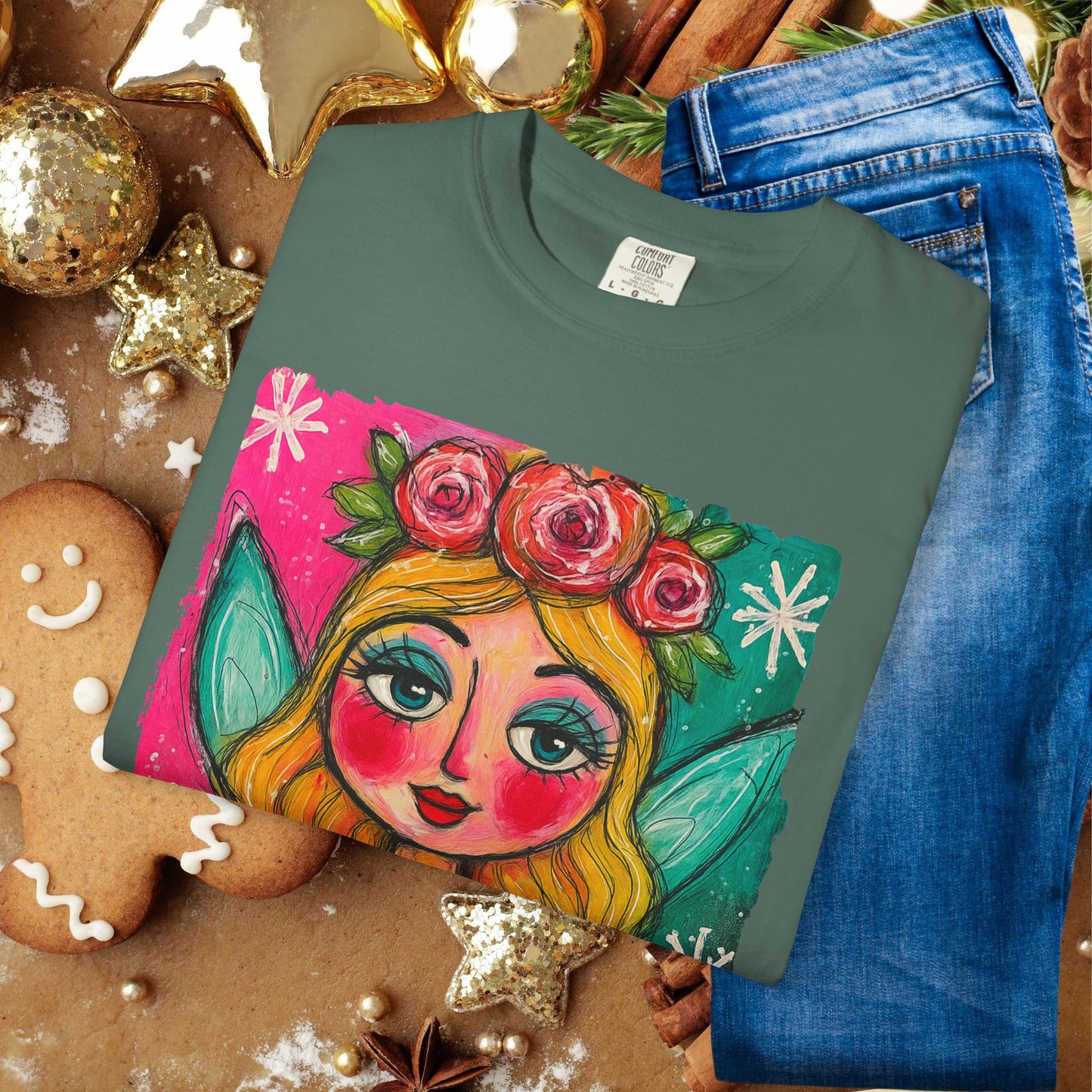 Whimsical Floral Crown Girl T-Shirt — Colorful Folk Art Portrait Tee