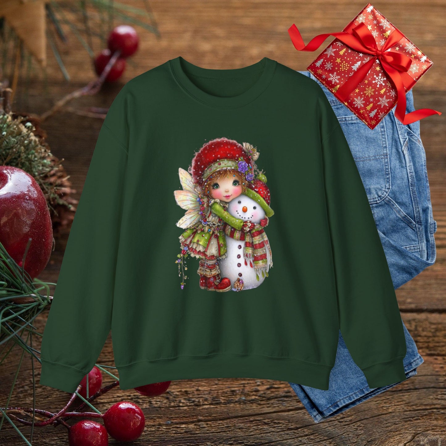 Fairy Hugging Snowman Christmas Sweatshirt – Whimsical Fairycore Holiday Pullover