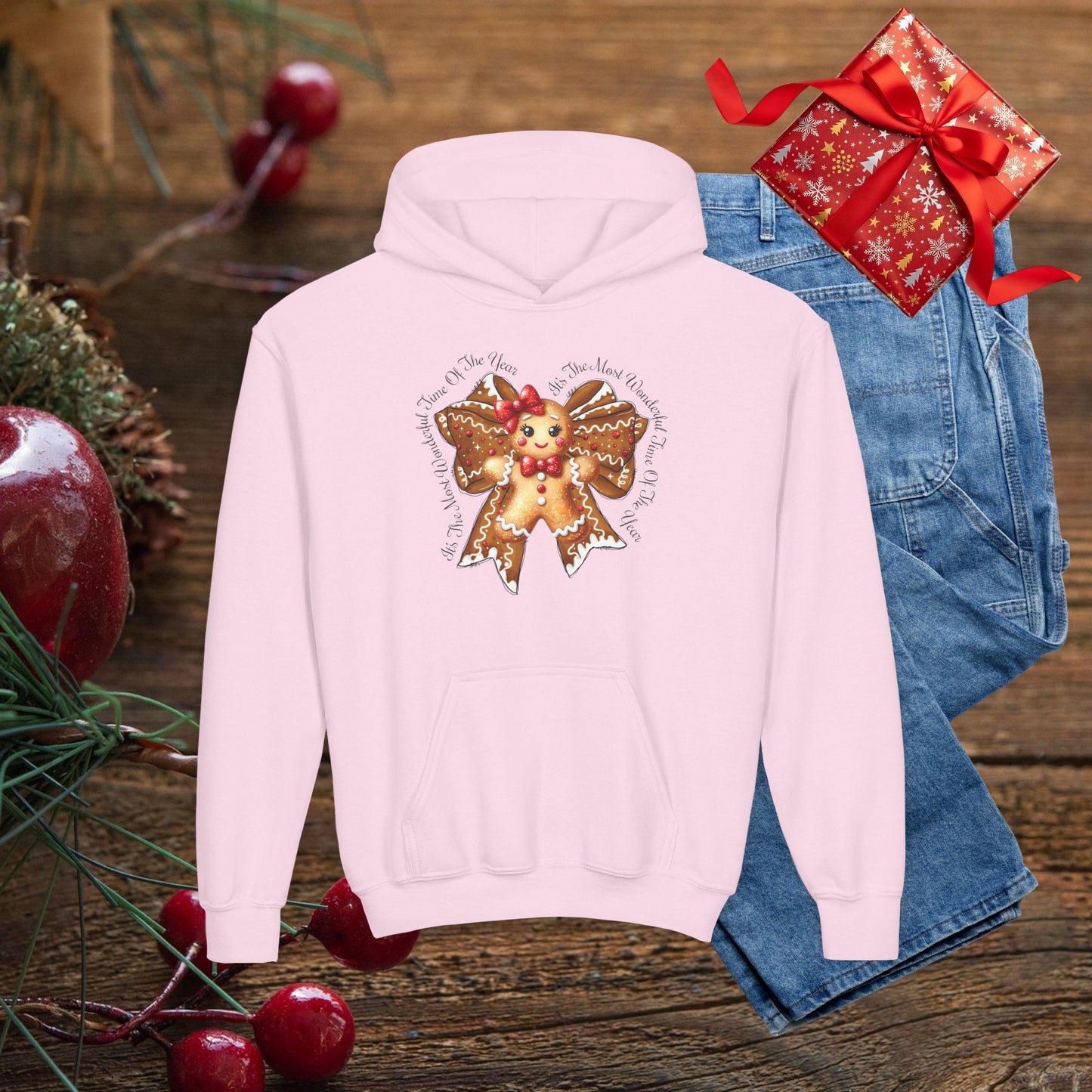 Kids Christmas Gingerbread Bow Hoodie - Cute Holiday Youth Sweatshirt