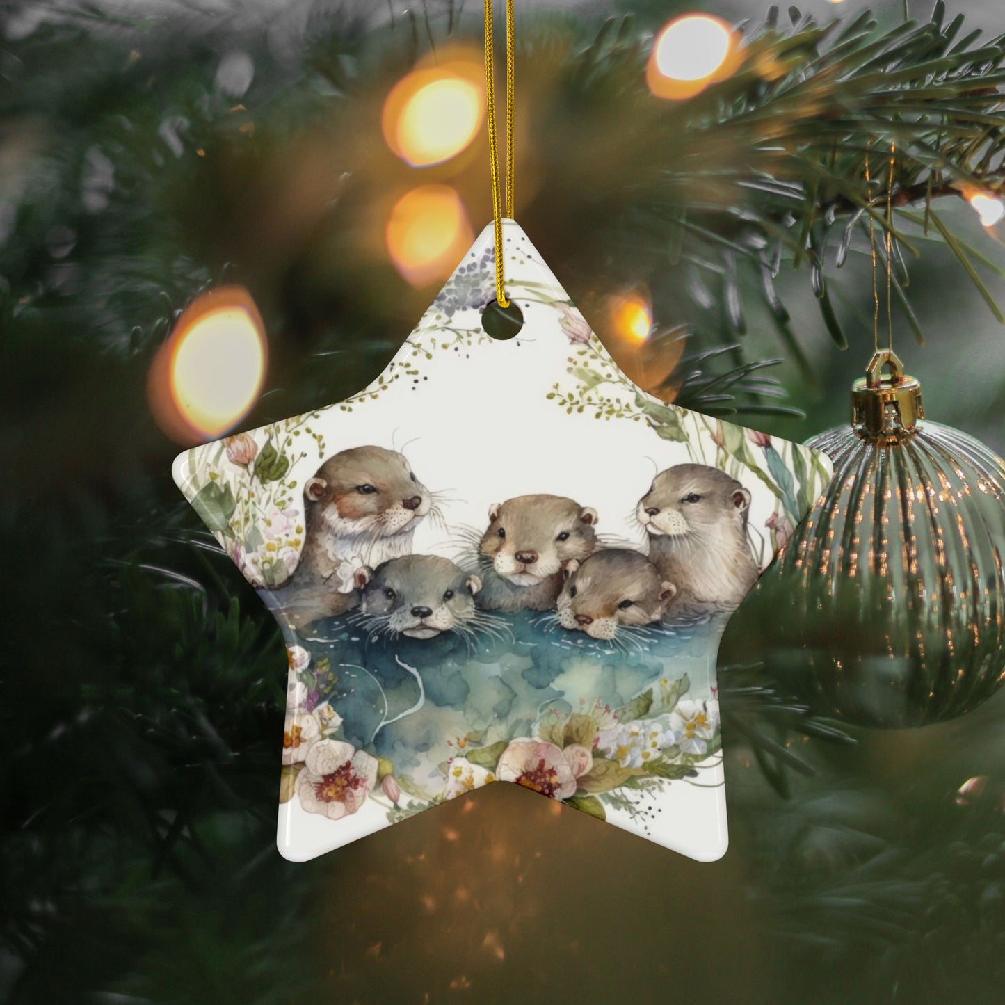 Otter Family Ceramic Ornament – Whimsical Woodland Holiday Decor