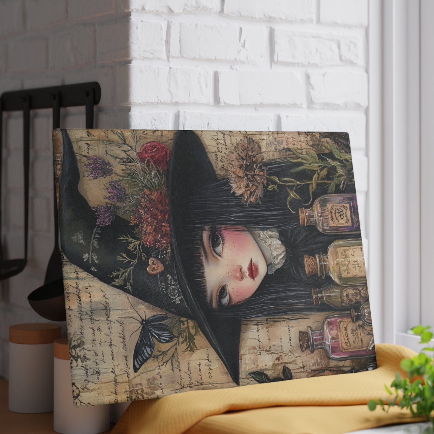 Witchy Glass Cutting Board – Gothic Kitchen Decor with Apothecary Bottles