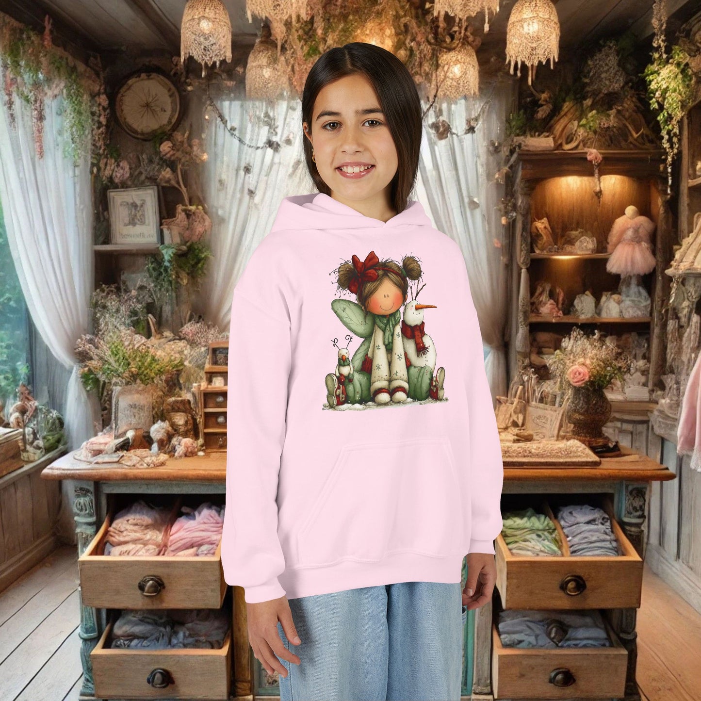 Kids Christmas Angel Hoodie — Cute Elf with Snowman Holiday Sweatshirt