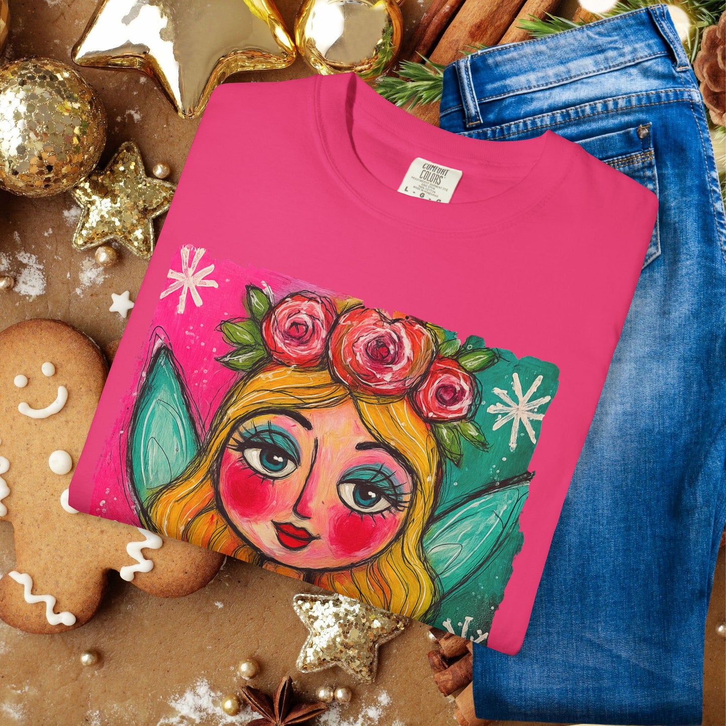 Whimsical Floral Crown Girl T-Shirt — Colorful Folk Art Portrait Tee