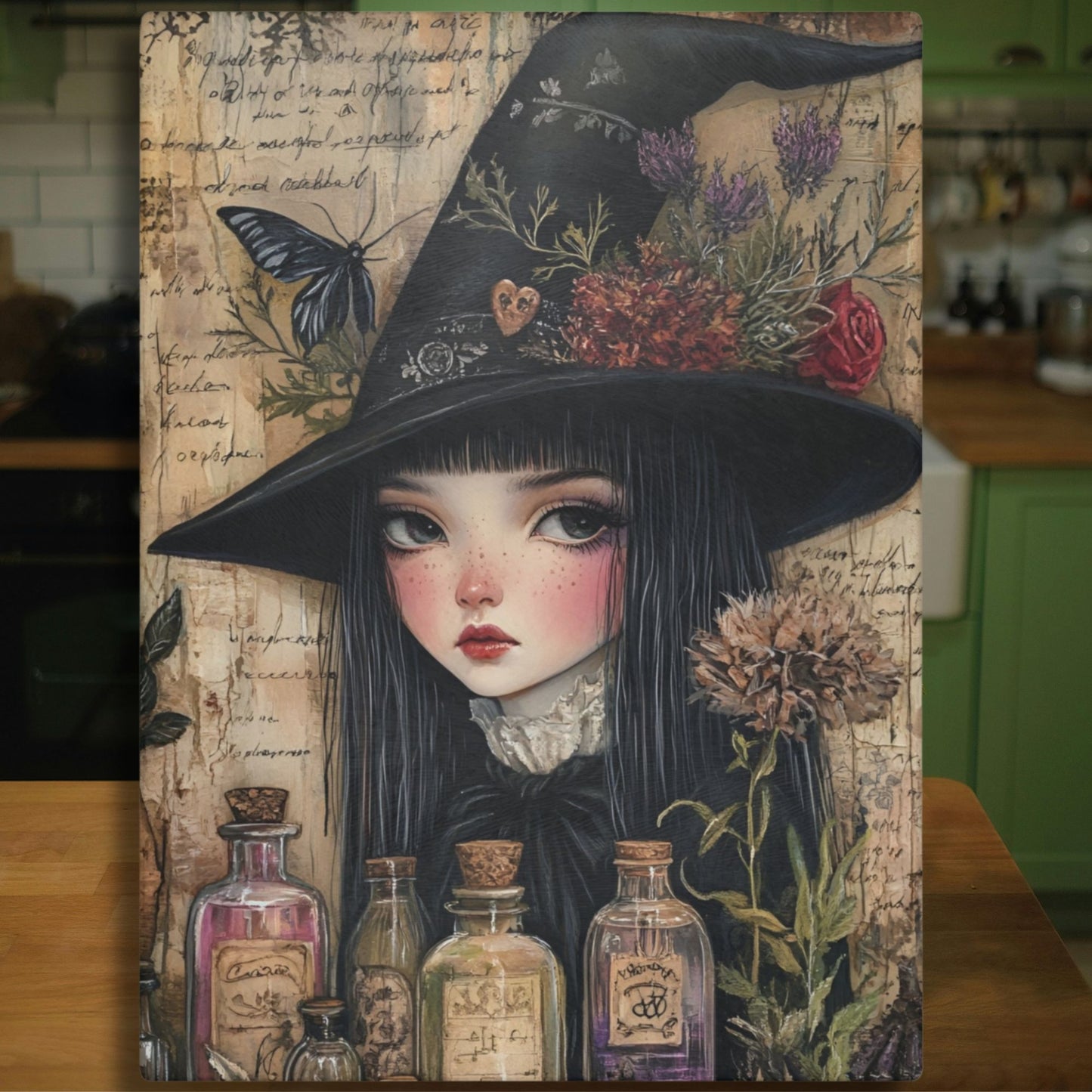 Witchy Glass Cutting Board – Gothic Kitchen Decor with Apothecary Bottles