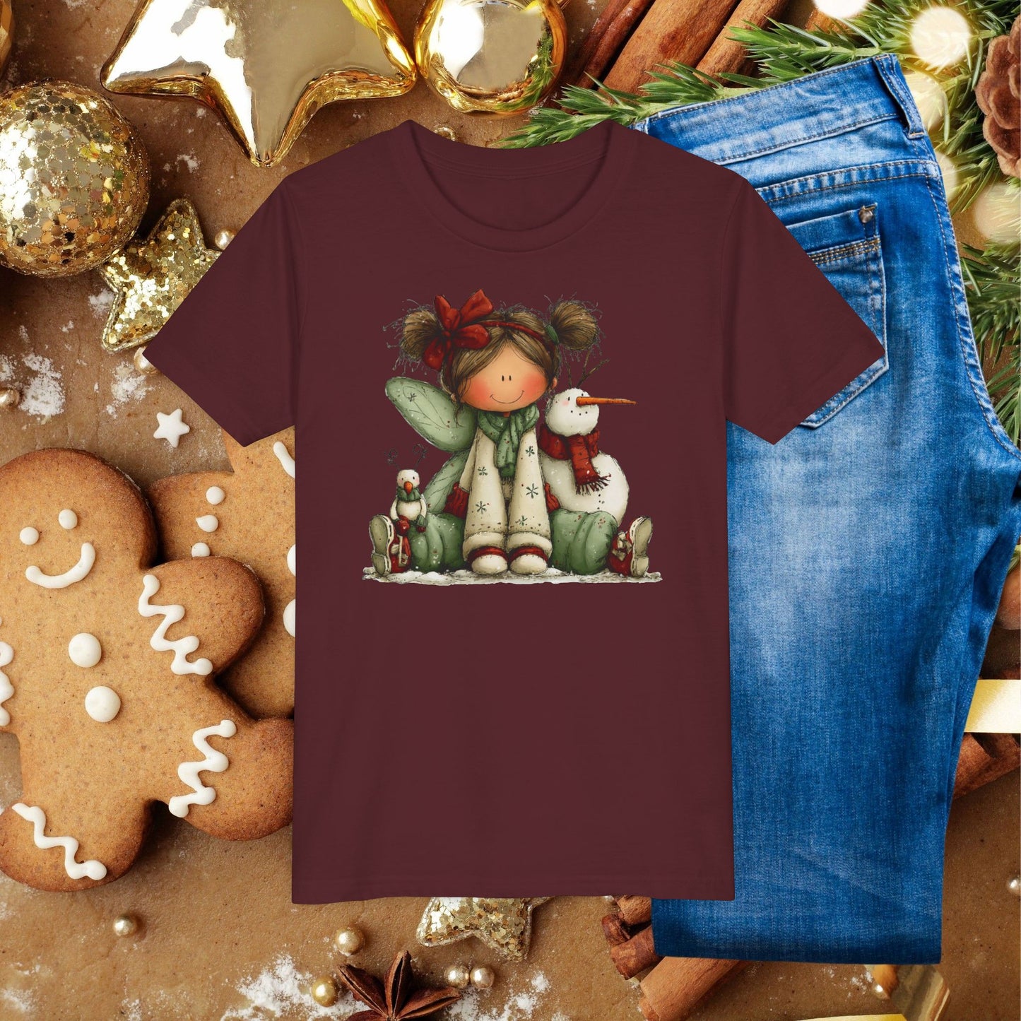 Kids Christmas Fairy Tee — Cute Girl with Snowman Holiday Shirt