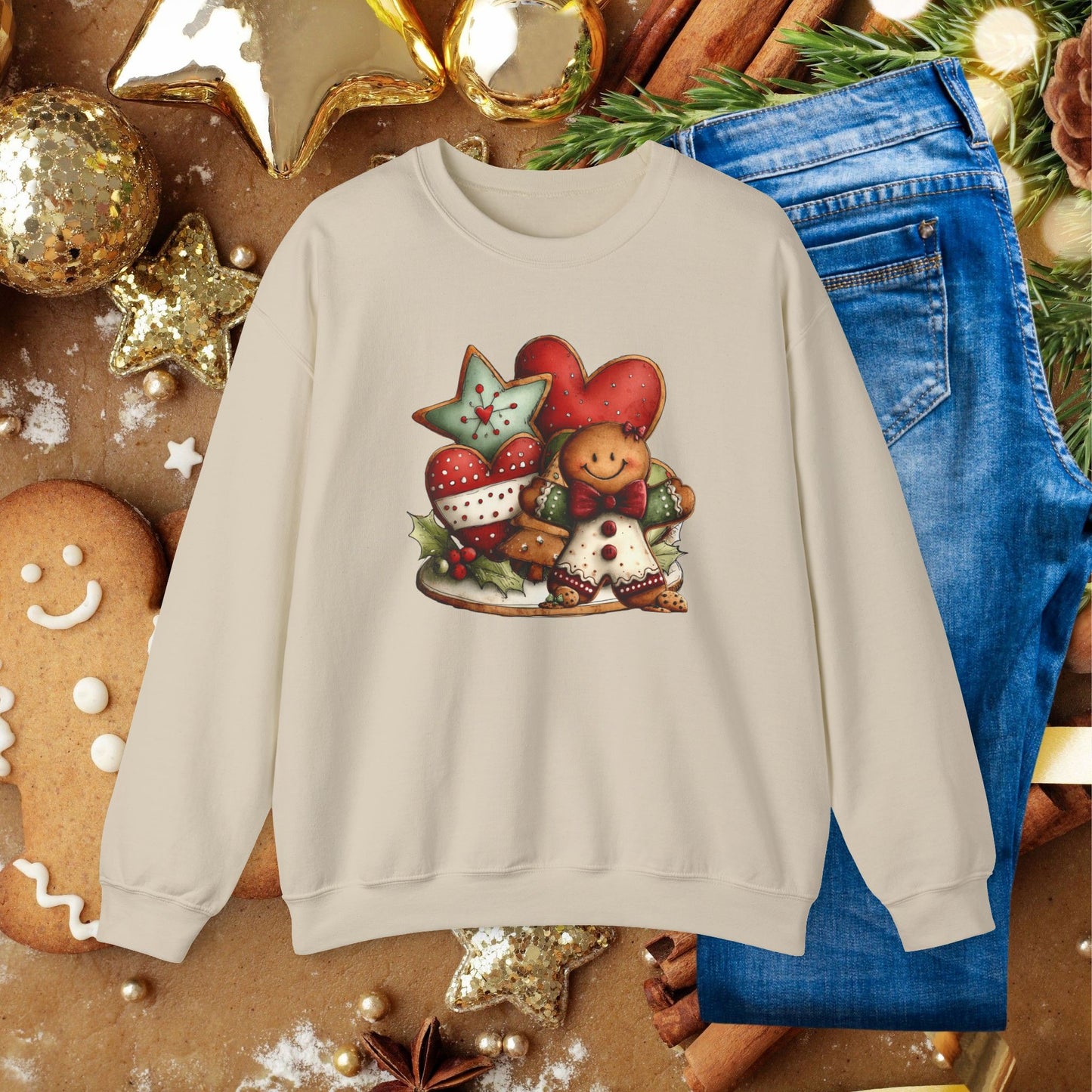 Christmas Gingerbread & Hearts Crewneck Sweatshirt