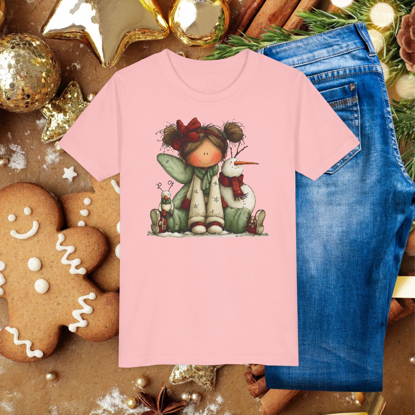 Kids Christmas Fairy Tee — Cute Girl with Snowman Holiday Shirt