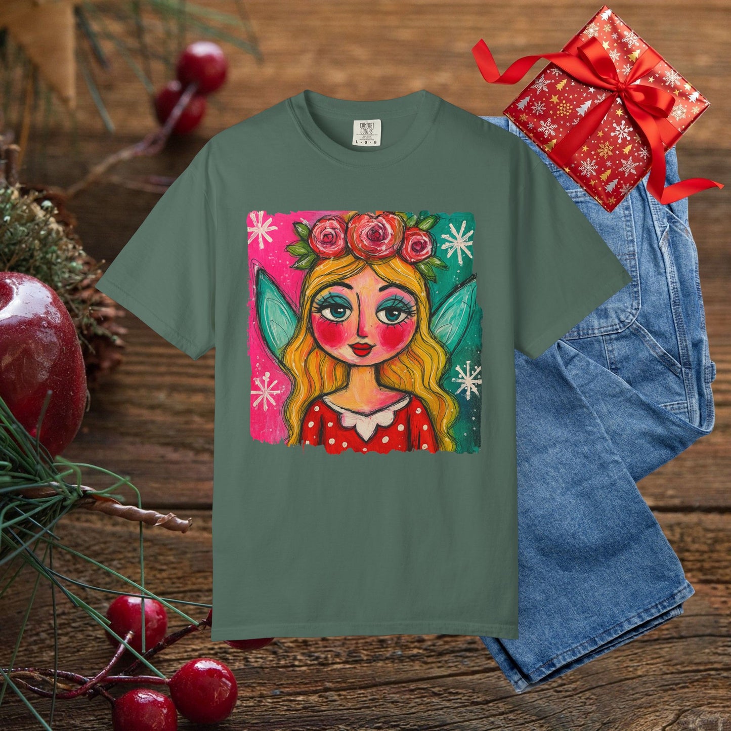 Whimsical Floral Crown Girl T-Shirt — Colorful Folk Art Portrait Tee