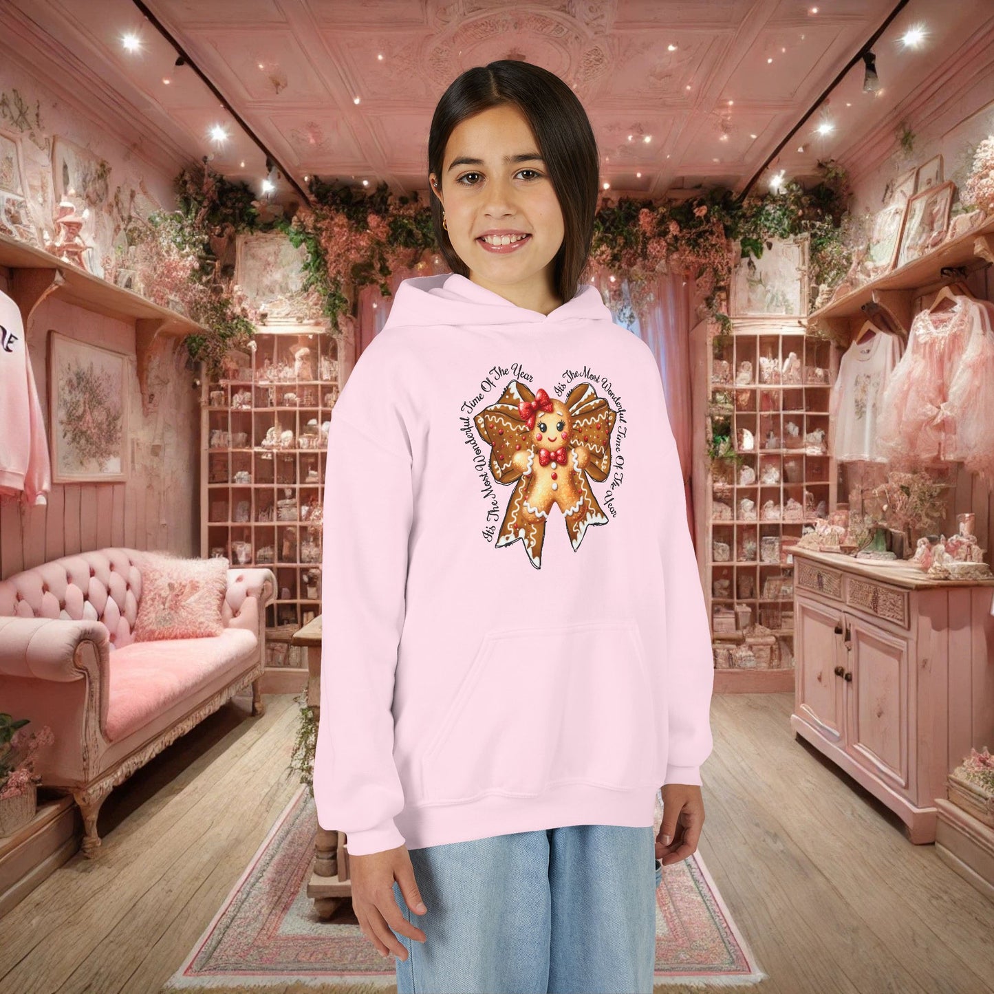 Kids Christmas Gingerbread Bow Hoodie - Cute Holiday Youth Sweatshirt