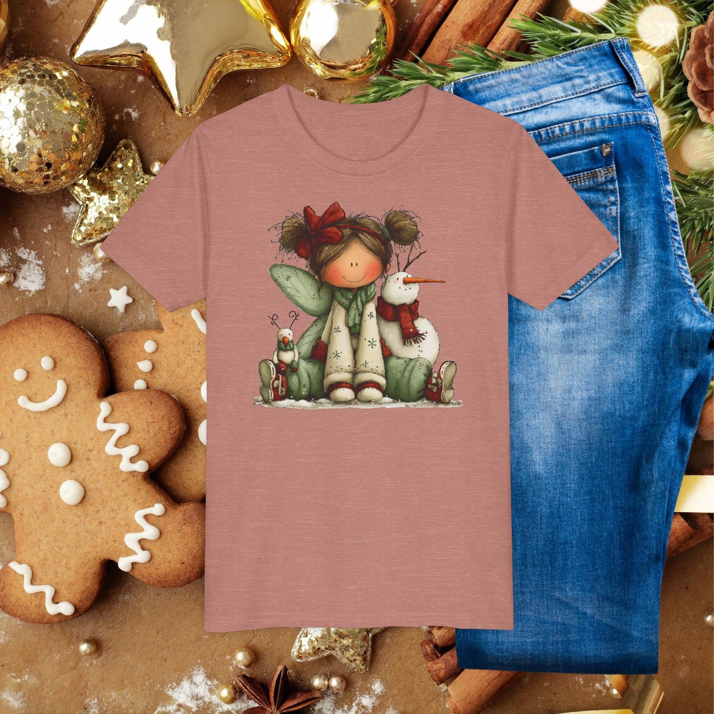 Kids Christmas Fairy Tee — Cute Girl with Snowman Holiday Shirt