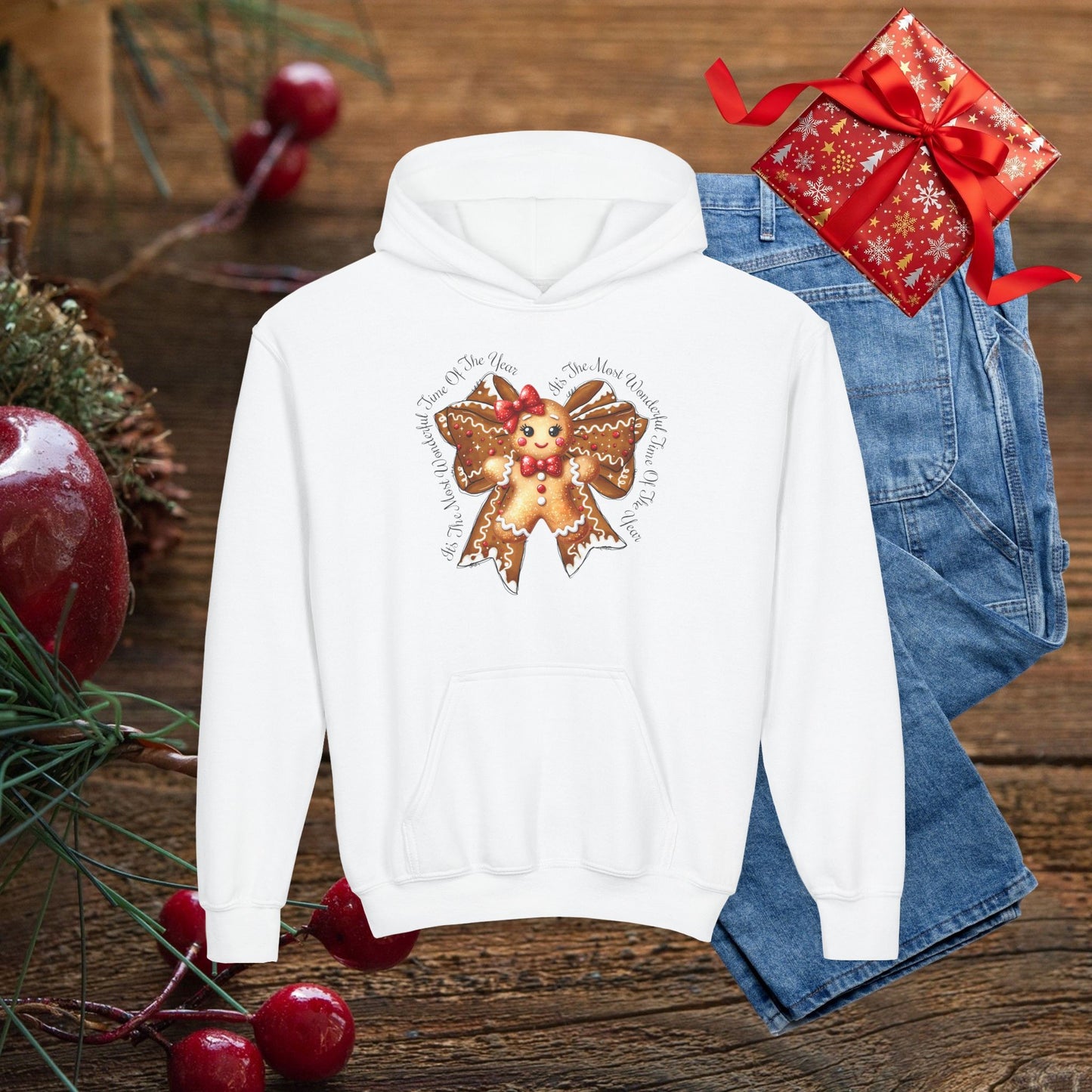 Kids Christmas Gingerbread Bow Hoodie - Cute Holiday Youth Sweatshirt