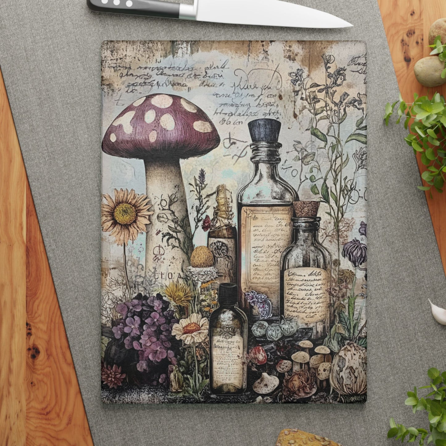 Mushroom Apothecary Glass Cutting Board – Witchy Kitchen Decor