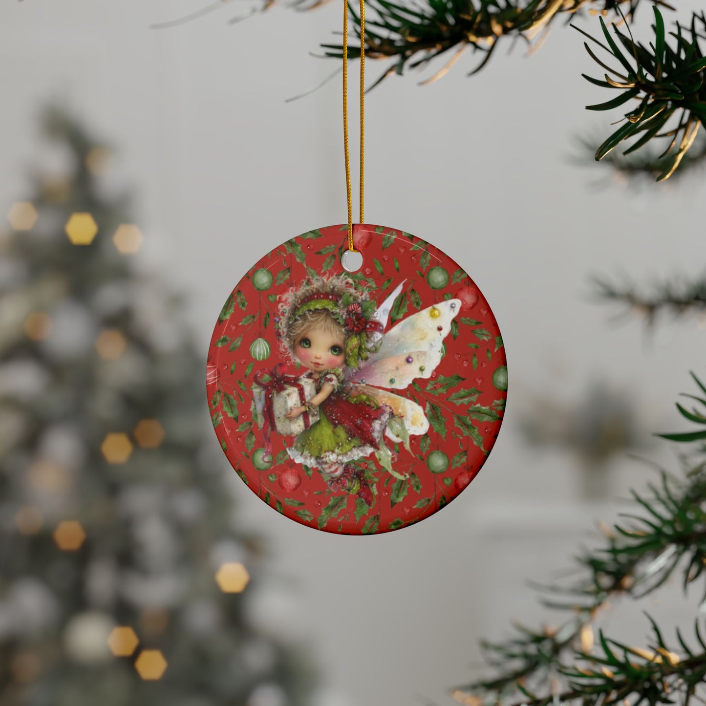 Christmas Fairy Ornament – Whimsical Red Holly Design