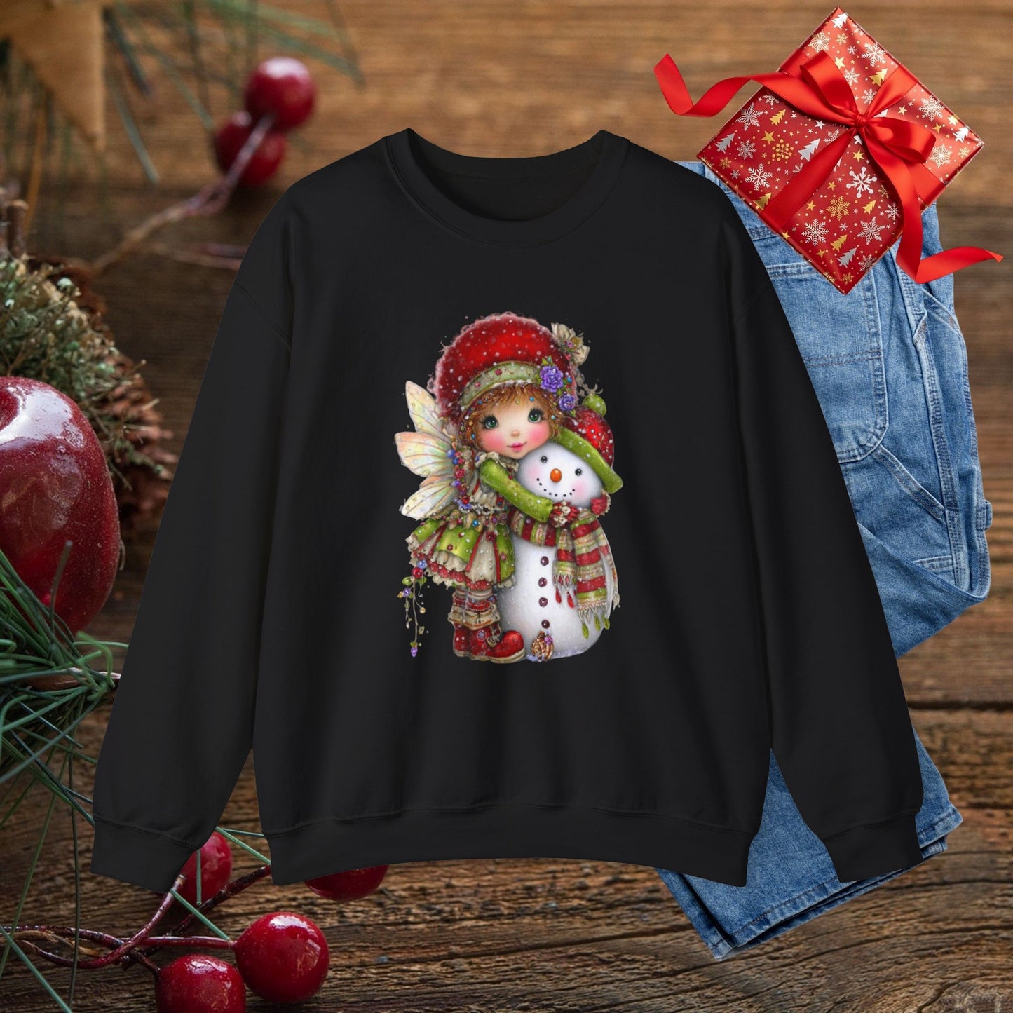 Fairy Hugging Snowman Christmas Sweatshirt – Whimsical Fairycore Holiday Pullover
