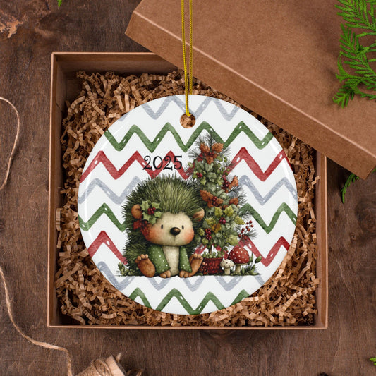 Ceramic Hedgehog Christmas Ornament — Double-Sided 2025 Holiday Tree Decoration