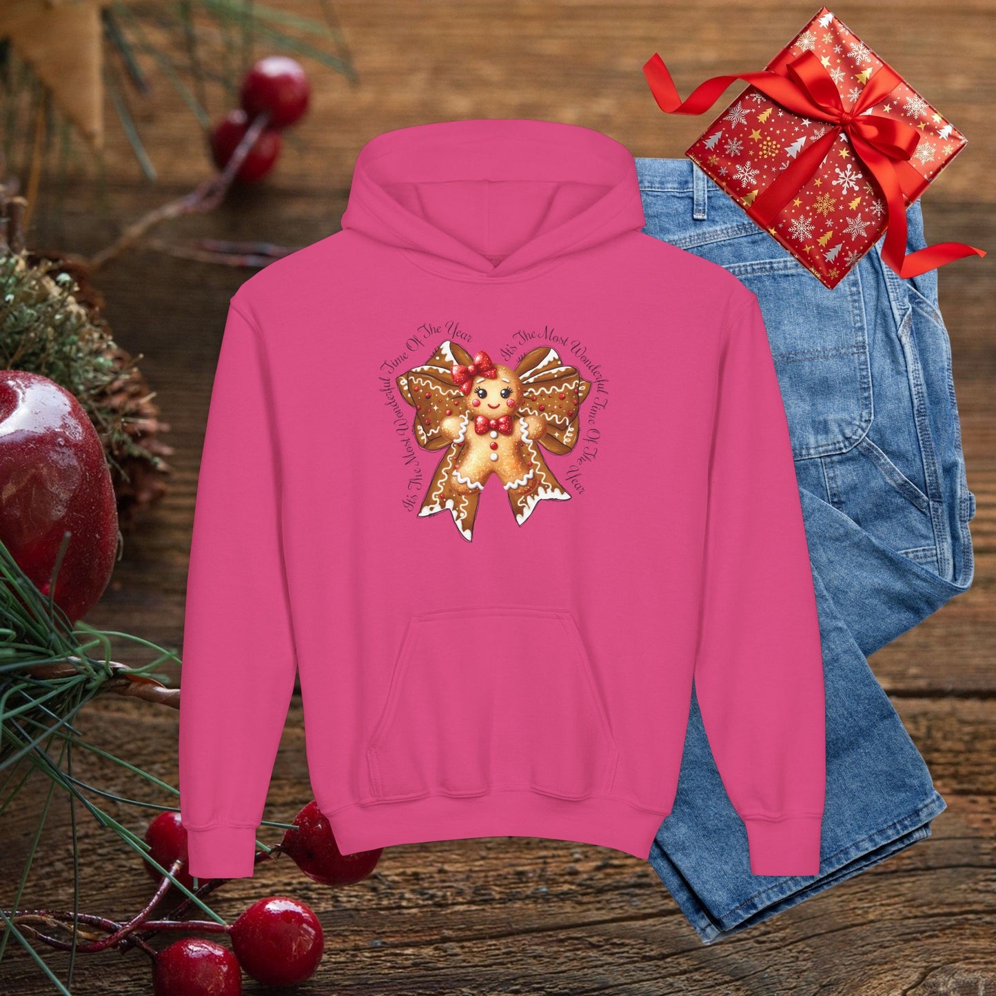 Kids Christmas Gingerbread Bow Hoodie - Cute Holiday Youth Sweatshirt