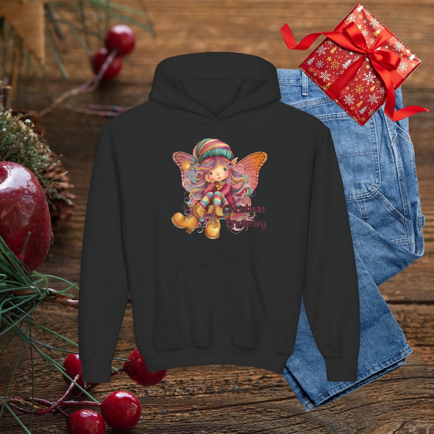 Kids Holiday Fairy Hoodie - Cute Elf Girl Graphic Sweatshirt