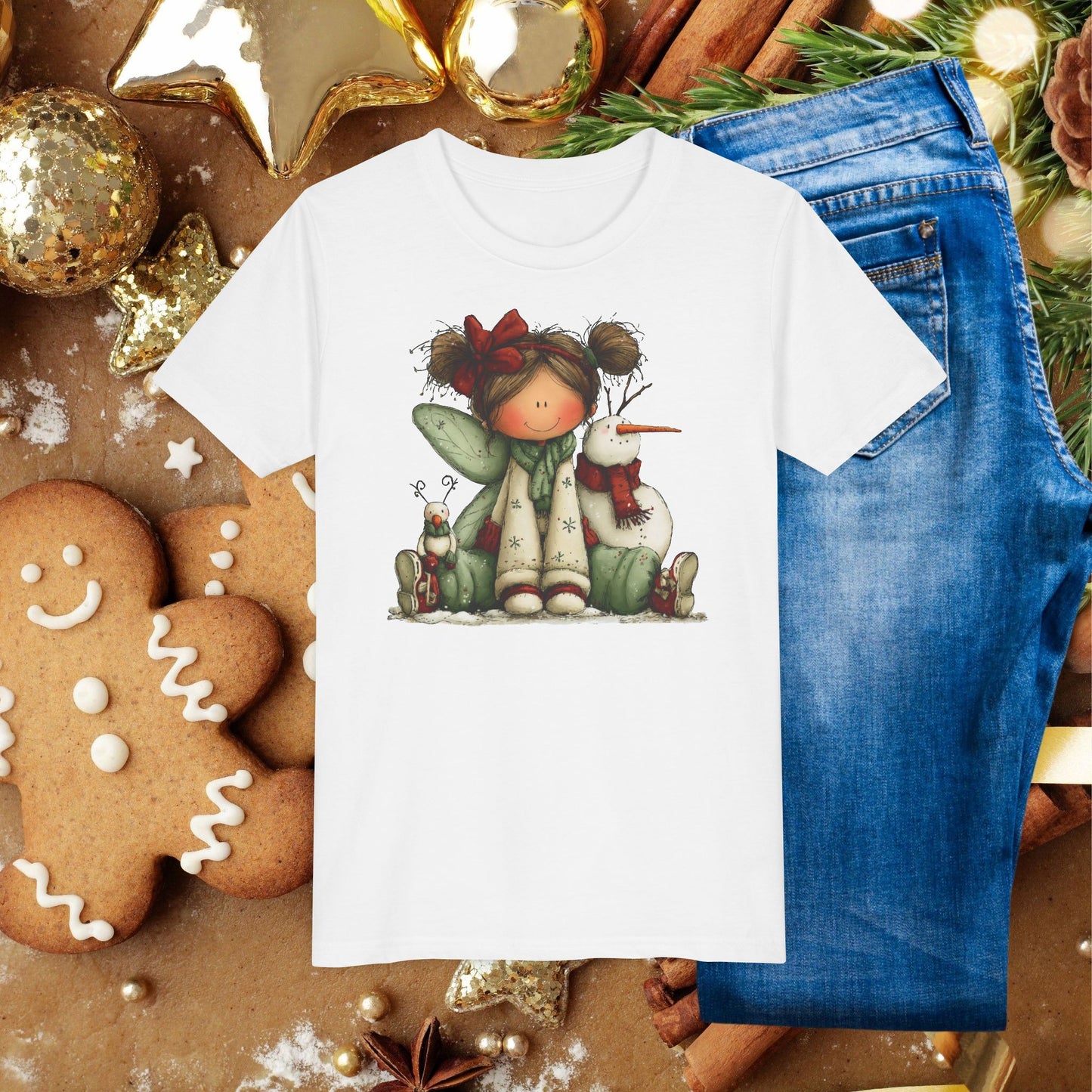 Kids Christmas Fairy Tee — Cute Girl with Snowman Holiday Shirt
