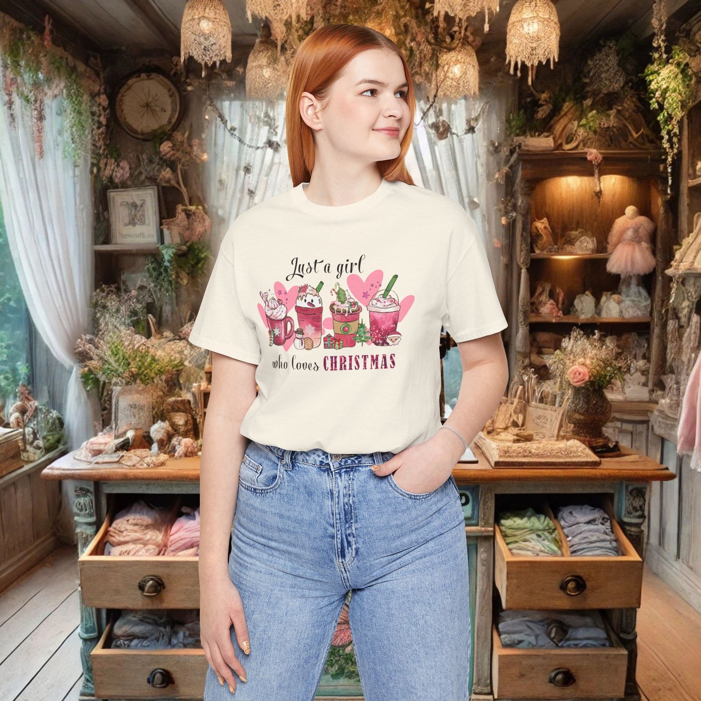 Christmas Coffee Tee — "Just a girl who loves Christmas" Holiday Shirt