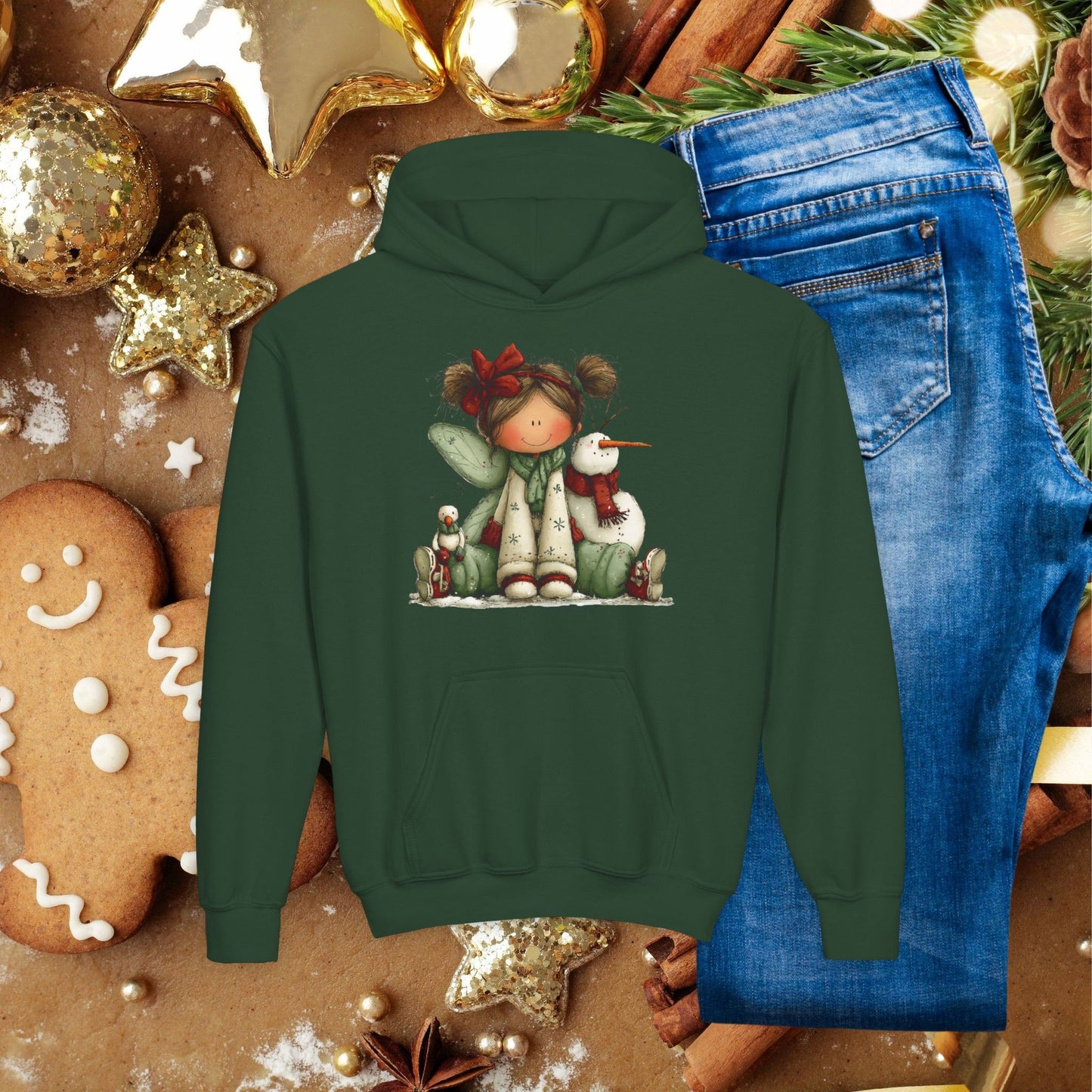 Kids Christmas Angel Hoodie — Cute Elf with Snowman Holiday Sweatshirt