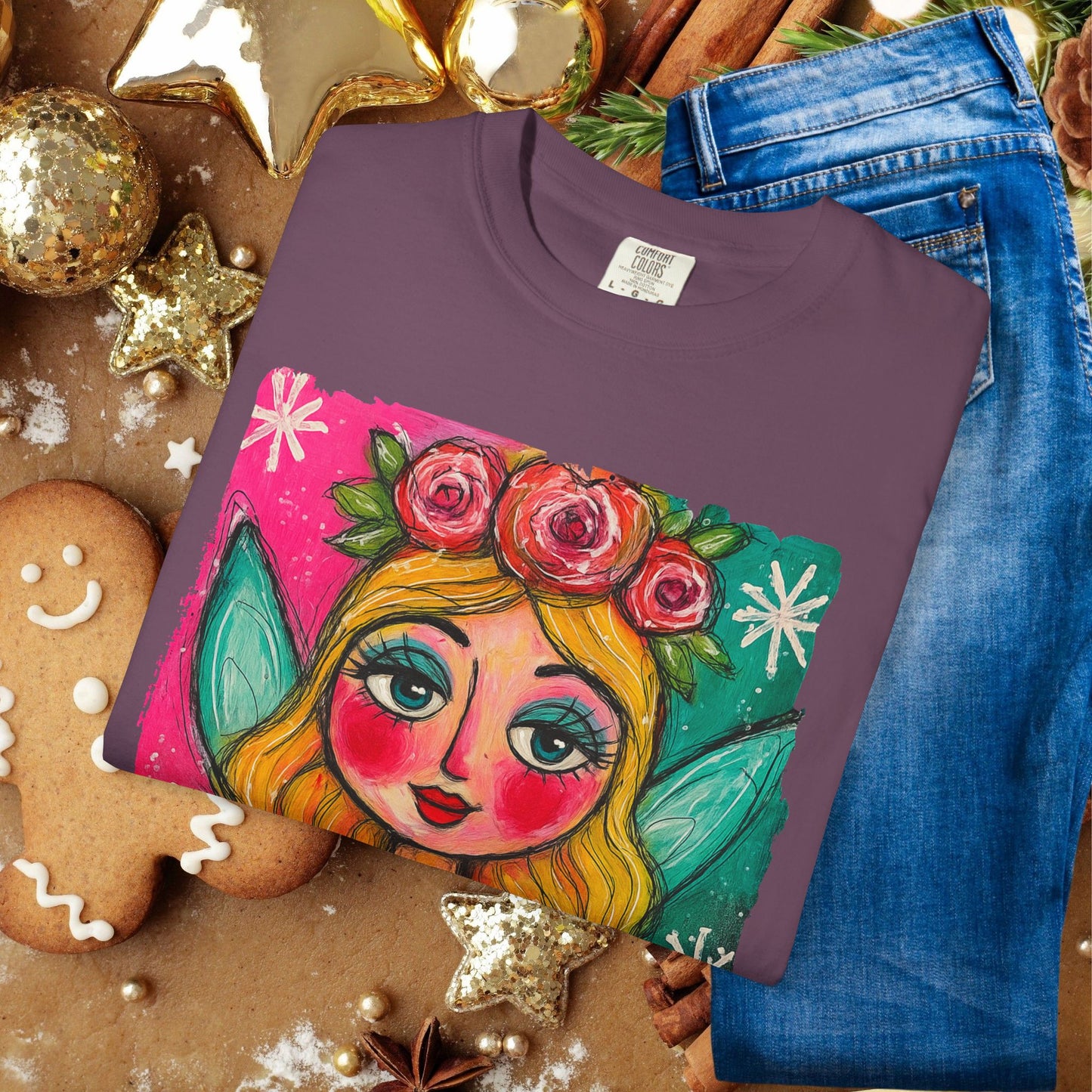 Whimsical Floral Crown Girl T-Shirt — Colorful Folk Art Portrait Tee