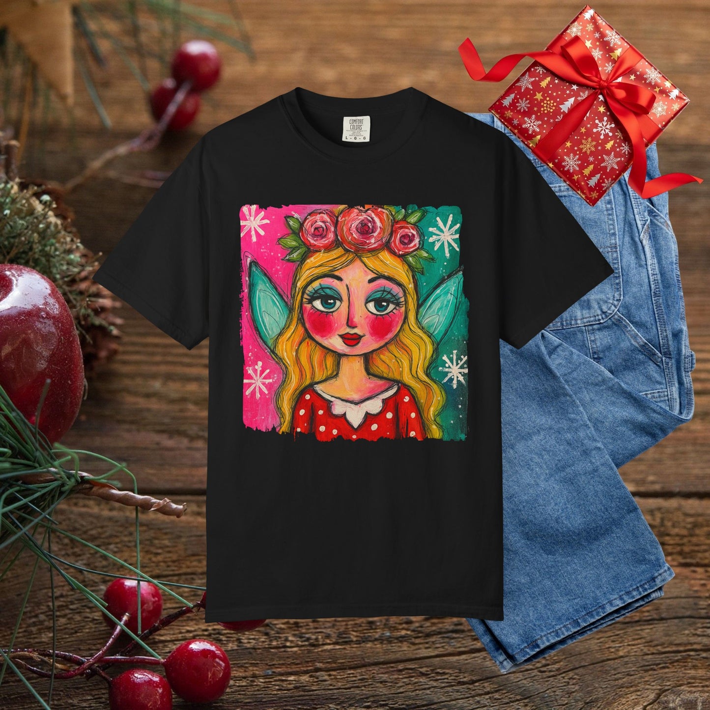 Whimsical Floral Crown Girl T-Shirt — Colorful Folk Art Portrait Tee