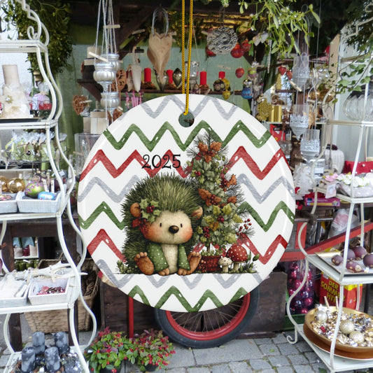 Ceramic Hedgehog Christmas Ornament — Double-Sided 2025 Holiday Tree Decoration