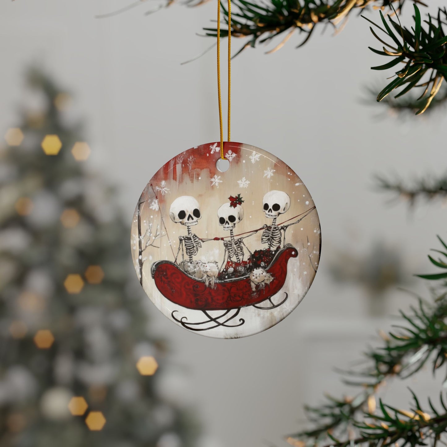 Skeleton Sleigh Ride Ceramic Ornaments