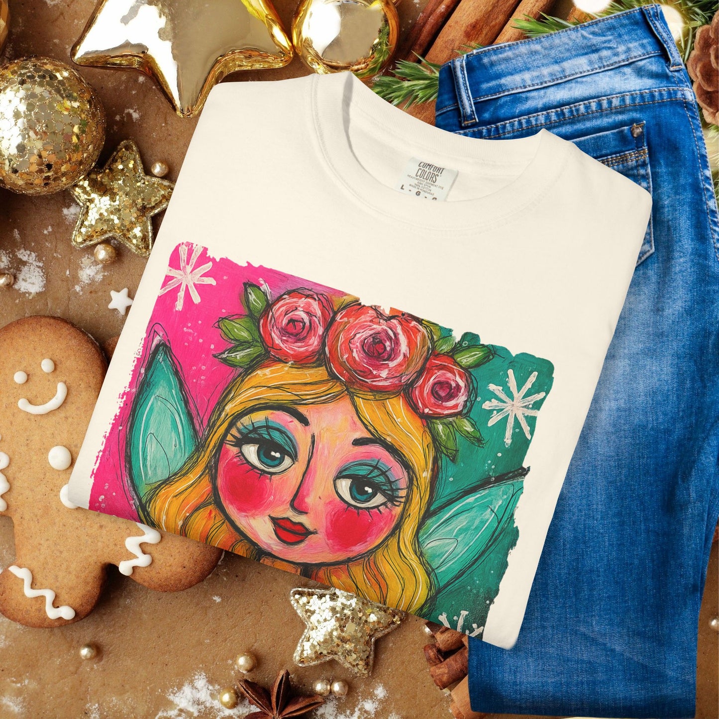 Whimsical Floral Crown Girl T-Shirt — Colorful Folk Art Portrait Tee