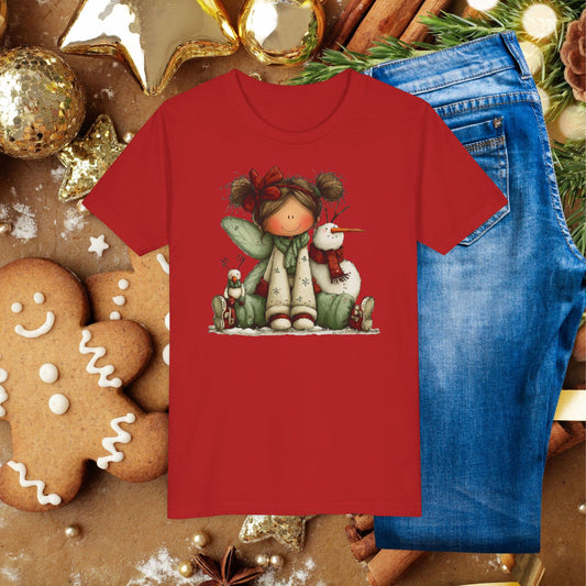 Kids Christmas Fairy Tee — Cute Girl with Snowman Holiday Shirt