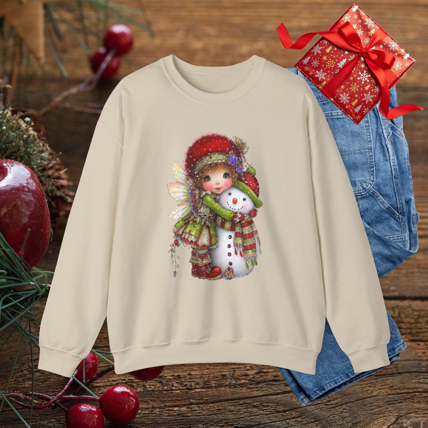 Fairy Hugging Snowman Christmas Sweatshirt – Whimsical Fairycore Holiday Pullover