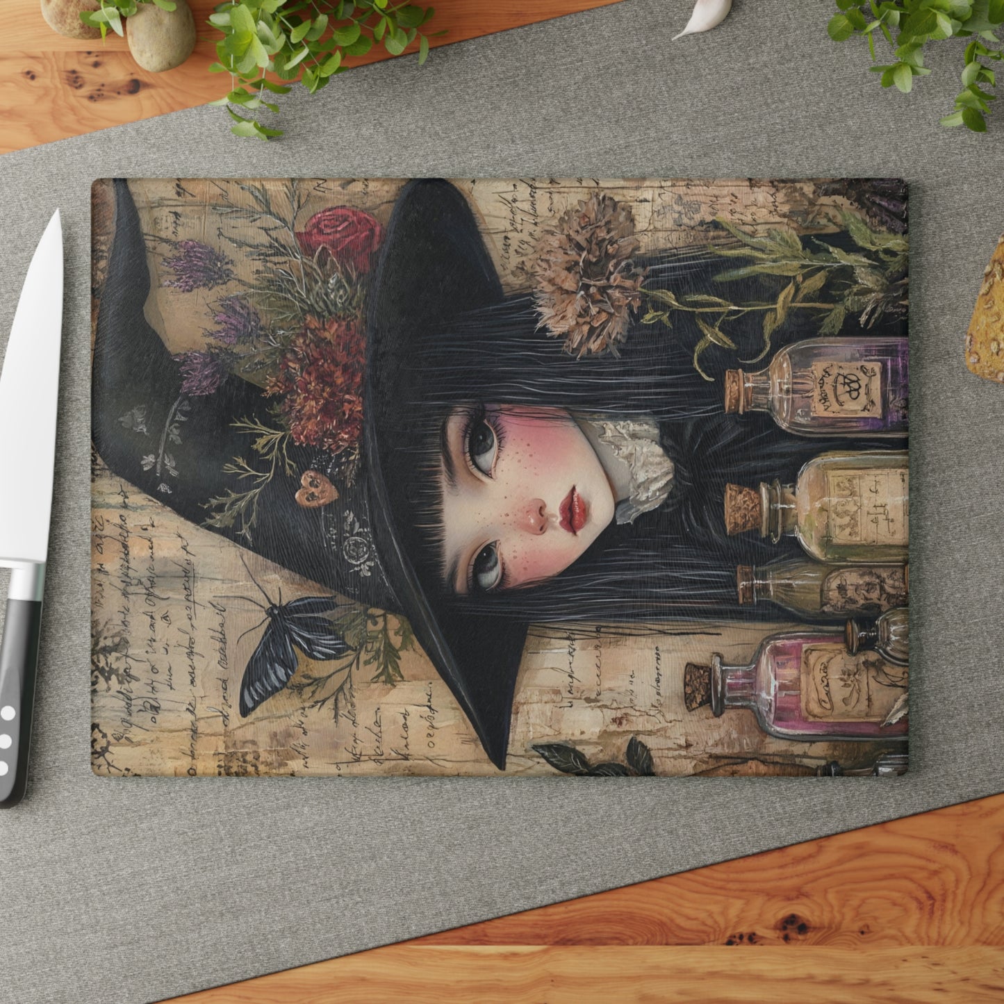 Witchy Glass Cutting Board – Gothic Kitchen Decor with Apothecary Bottles