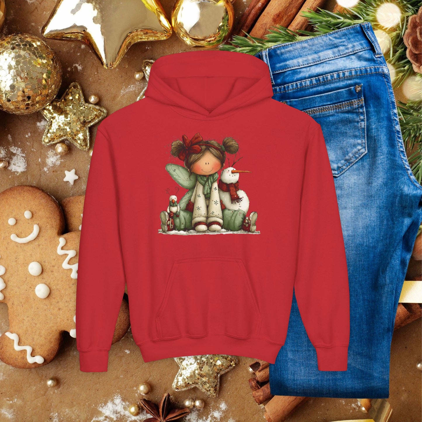 Kids Christmas Angel Hoodie — Cute Elf with Snowman Holiday Sweatshirt