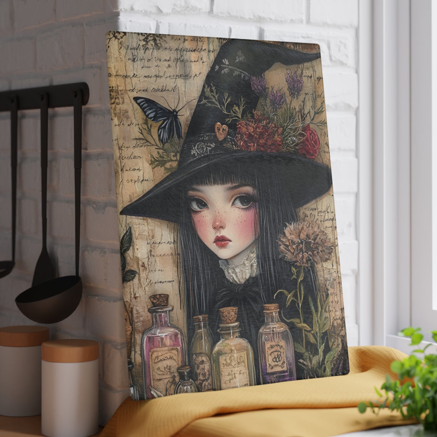 Witchy Glass Cutting Board – Gothic Kitchen Decor with Apothecary Bottles