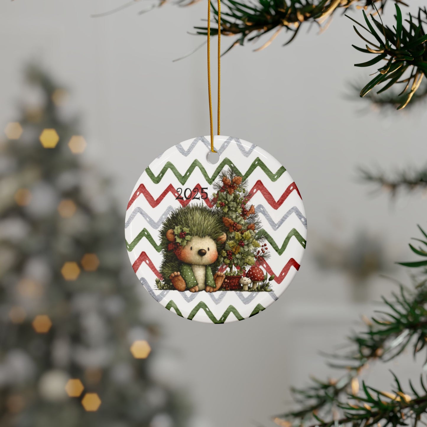 Ceramic Hedgehog Christmas Ornament — Double-Sided 2025 Holiday Tree Decoration