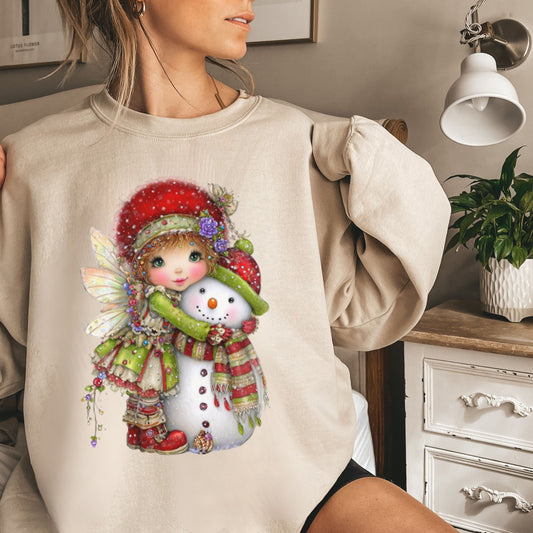Fairy Hugging Snowman Christmas Sweatshirt – Whimsical Fairycore Holiday Pullover