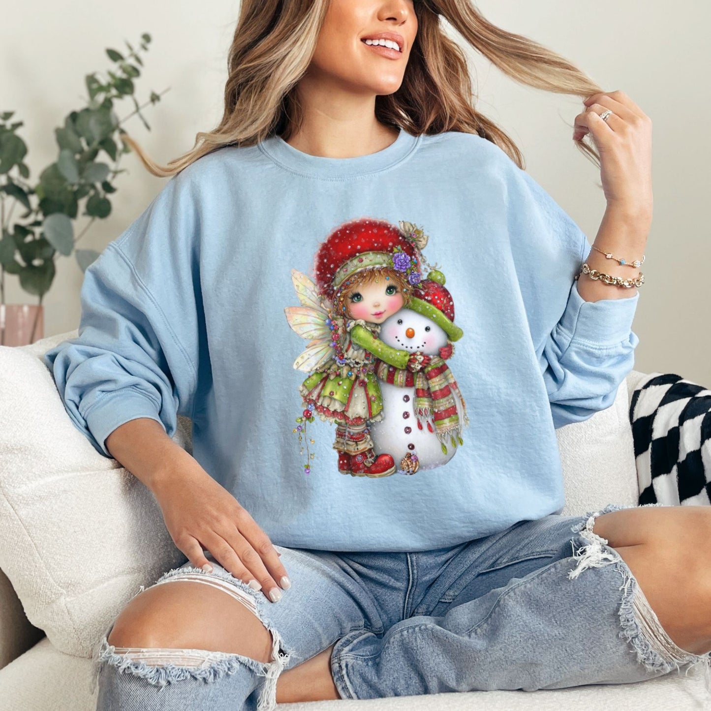Fairy Hugging Snowman Christmas Sweatshirt – Whimsical Fairycore Holiday Pullover