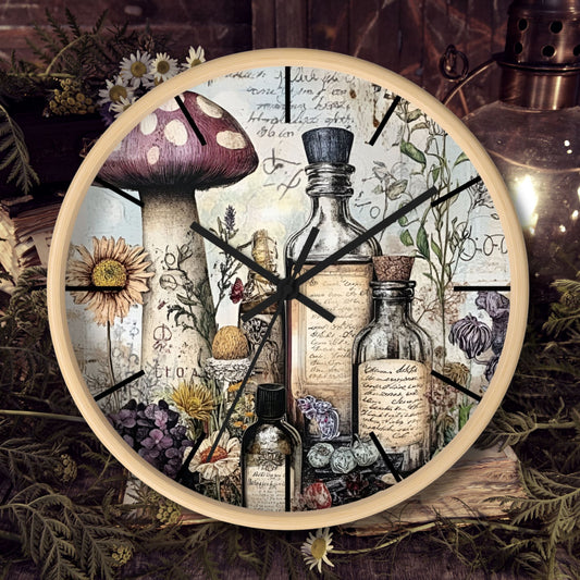 Mushroom Apothecary Wall Clock – Cottagecore & Witchcore Home Décor
