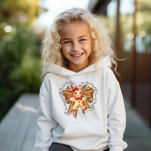 Kids Christmas Gingerbread Bow Hoodie - Cute Holiday Youth Sweatshirt