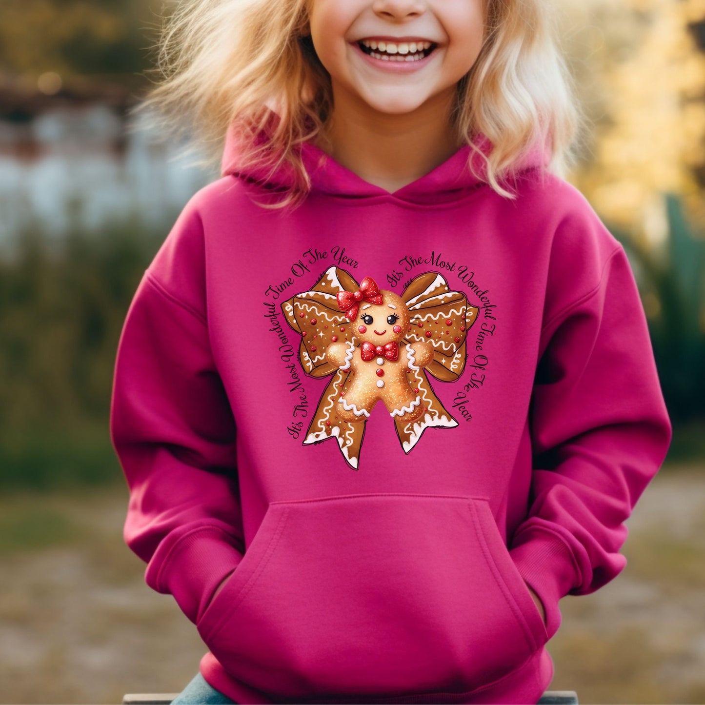 Kids Christmas Gingerbread Bow Hoodie - Cute Holiday Youth Sweatshirt