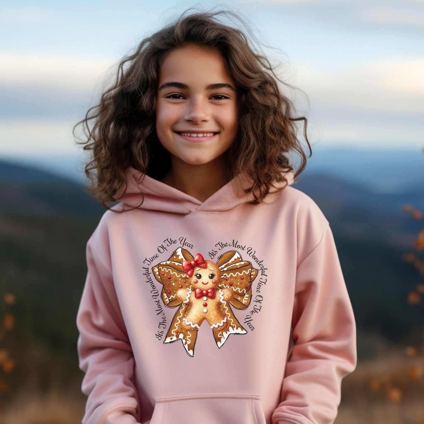 Kids Christmas Gingerbread Bow Hoodie - Cute Holiday Youth Sweatshirt