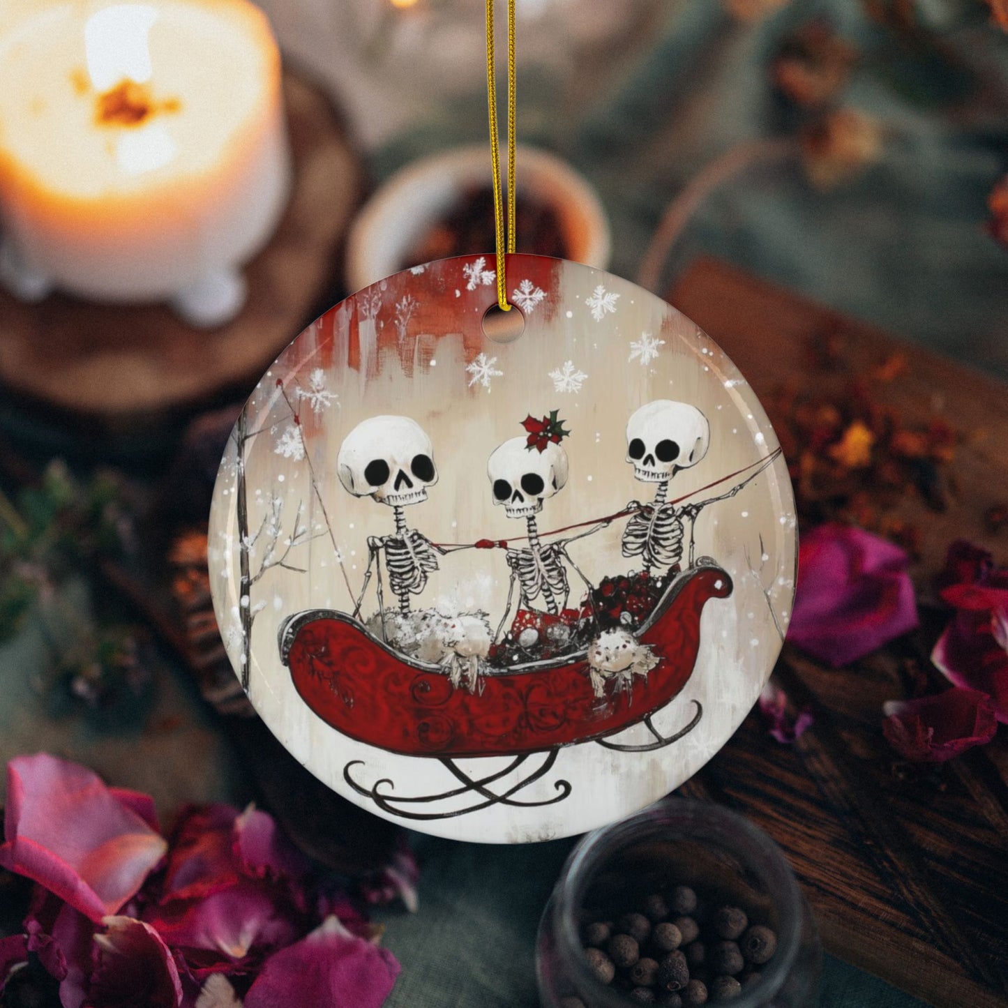 Skeleton Sleigh Ride Ceramic Ornaments