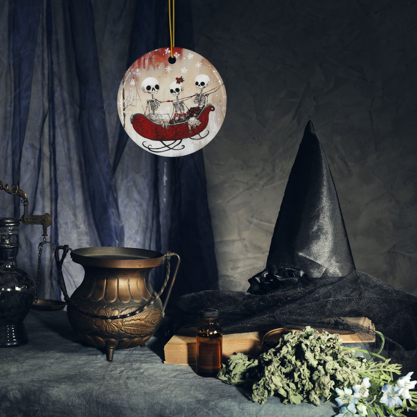 Skeleton Sleigh Ride Ceramic Ornaments