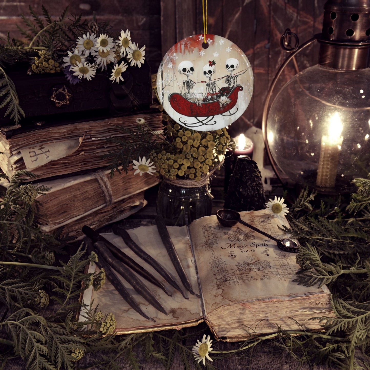 Skeleton Sleigh Ride Ceramic Ornaments