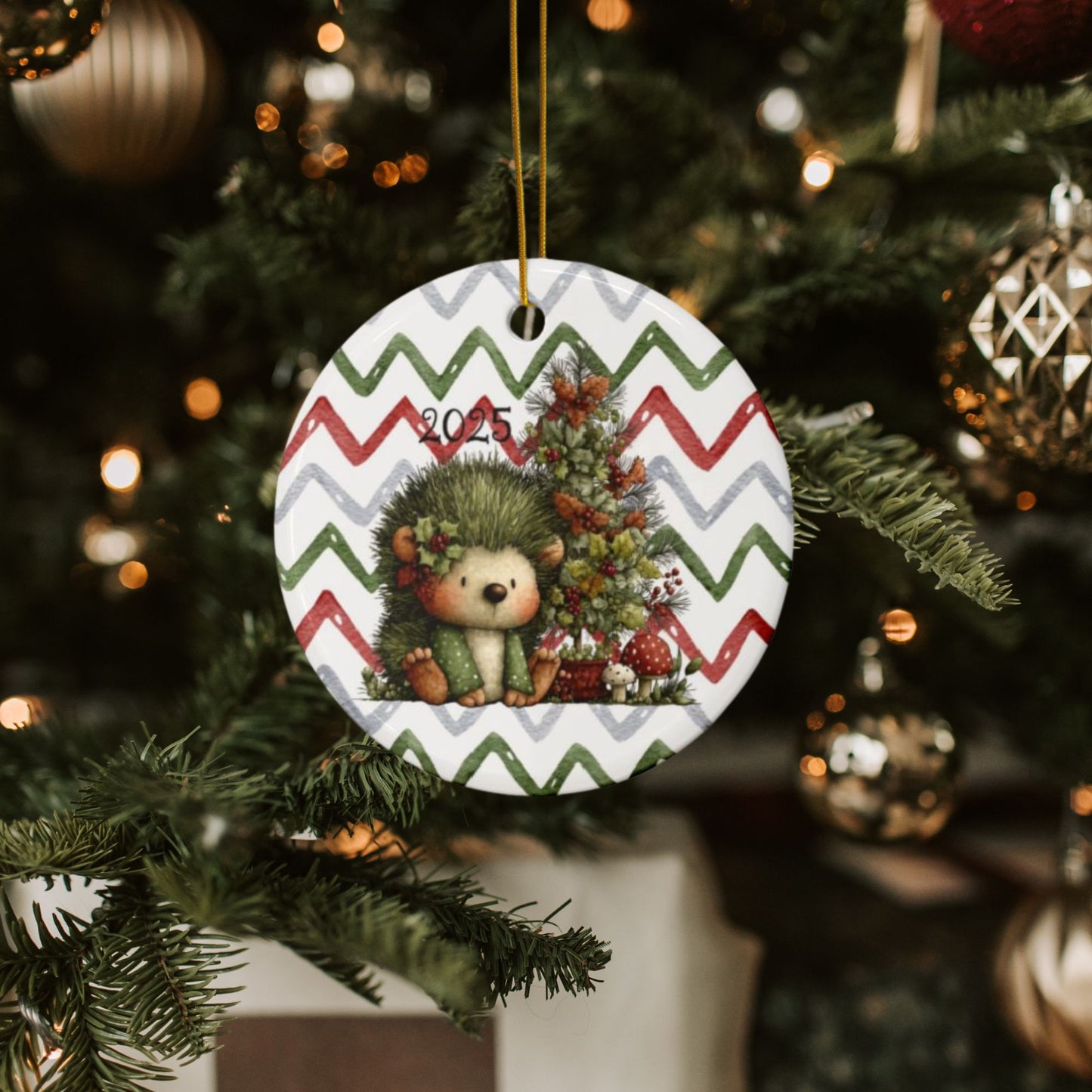 Ceramic Hedgehog Christmas Ornament — Double-Sided 2025 Holiday Tree Decoration